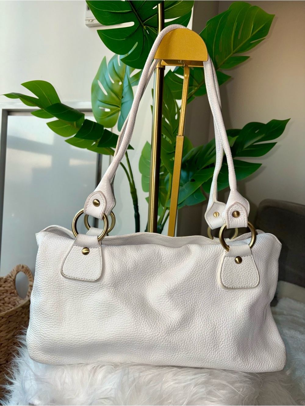 Vintage Danier White Genuine Leather Y2K Gold Ring Shoulder Bag